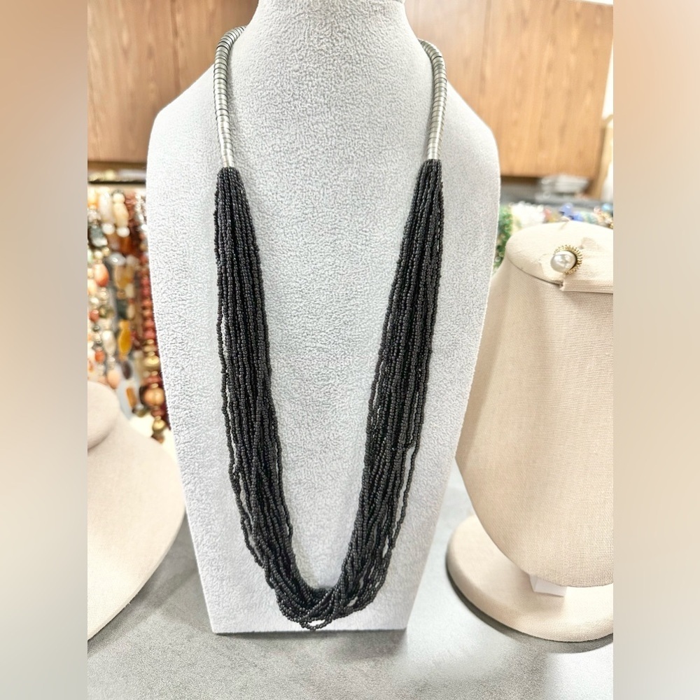 Multi Strand Black Bohemian Handmade Seed Bead Silver Tone Necklace